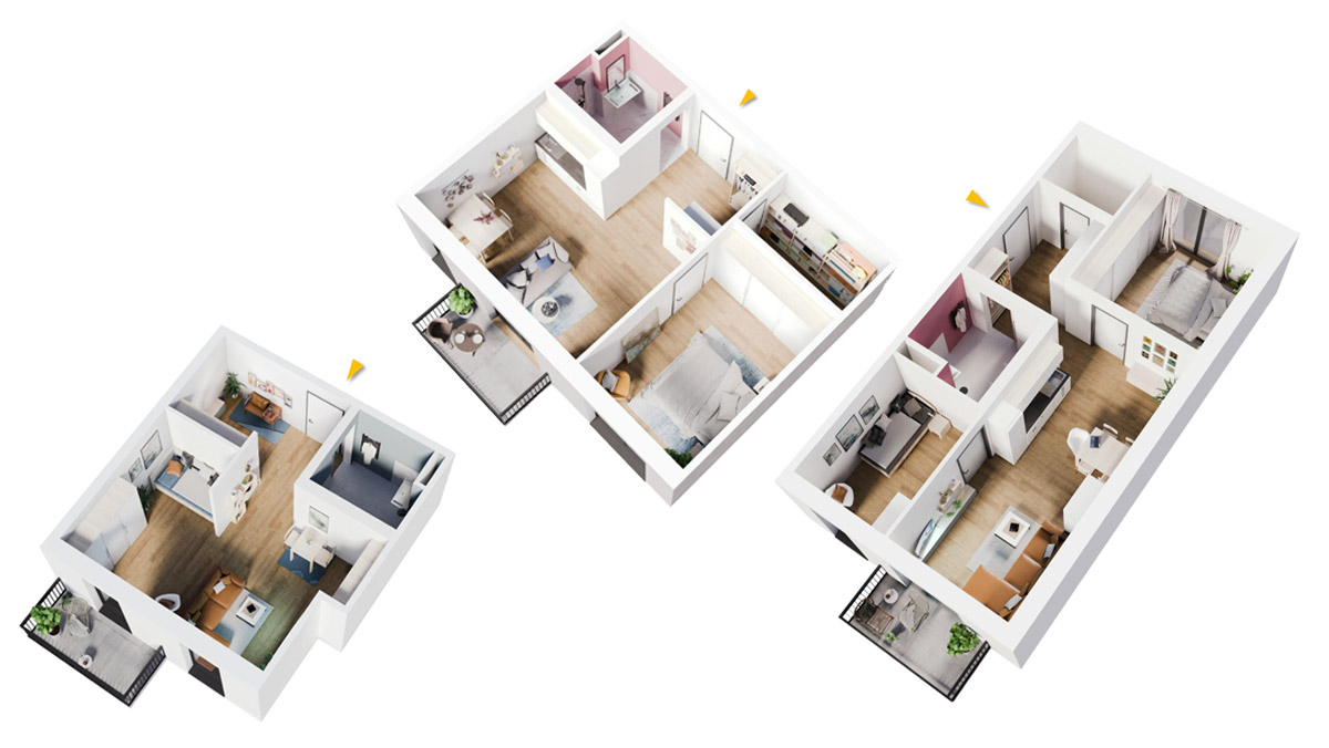 Beispielgrundrisse der 1-, 2- und 3-Zimmer-Apartments der Residenz Am Hallorenring