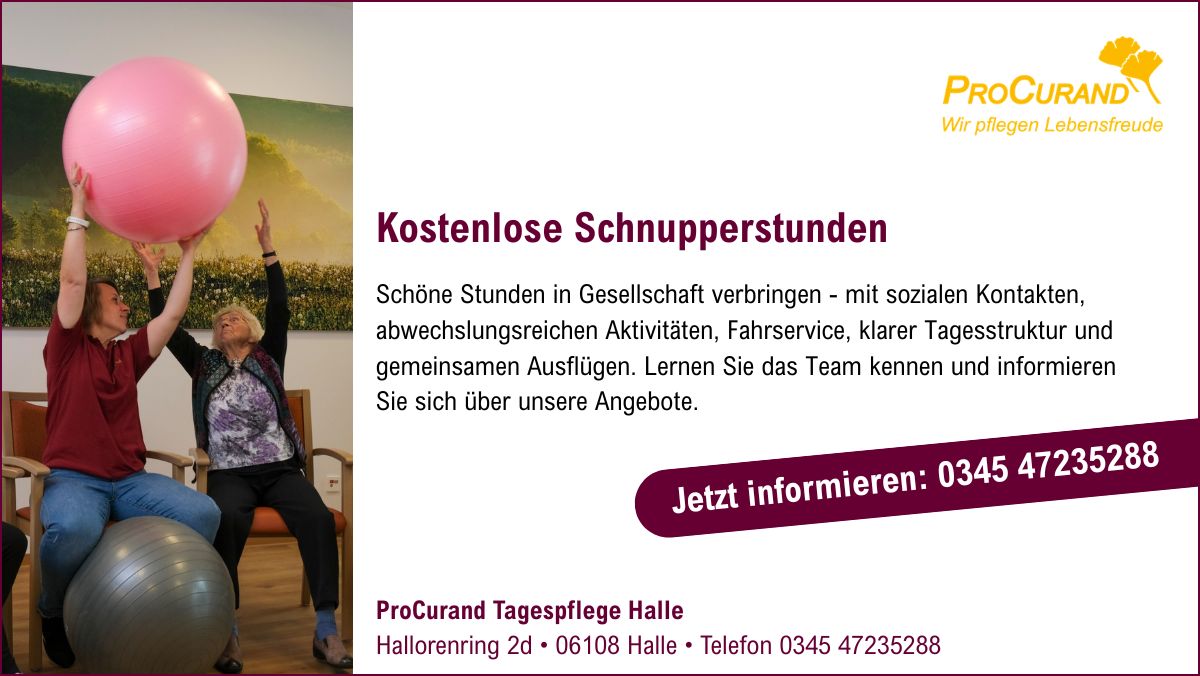 Info tile for free taster days at the ProCurand day care centre in Halle