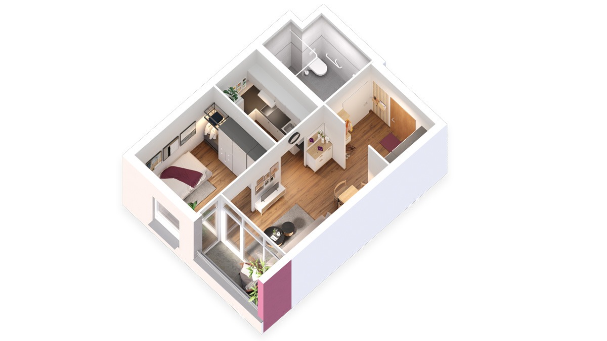 3D-Beispielgrundriss im Service-Wohnen Magdeburg: 2-Zimmer-Apartment (36 m²) 3D-Beispielgrundriss eines 2-Zimmer-Apartments mit 36 m² in der ProCurand Seniorenresidenz Am Krökentor, Magdeburg, Service-Wohnen. Er zeigt die Aufteilung von Wohn-, Schlaf- und Küchenbereich.
