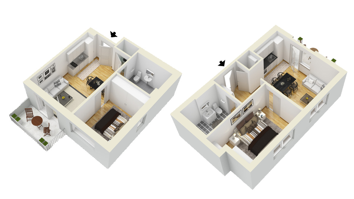 Grundrisse der 1- und 2-Zimmer-Apartments im Service-Wohnen Wriezener Straße Strausberg