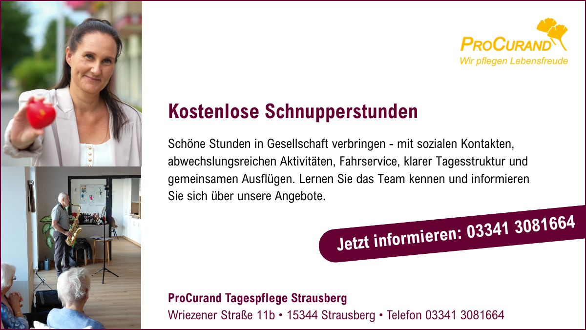 Infokachel für kostenlose Schnuppertage in der ProCurand Tagespflege in Strausberg